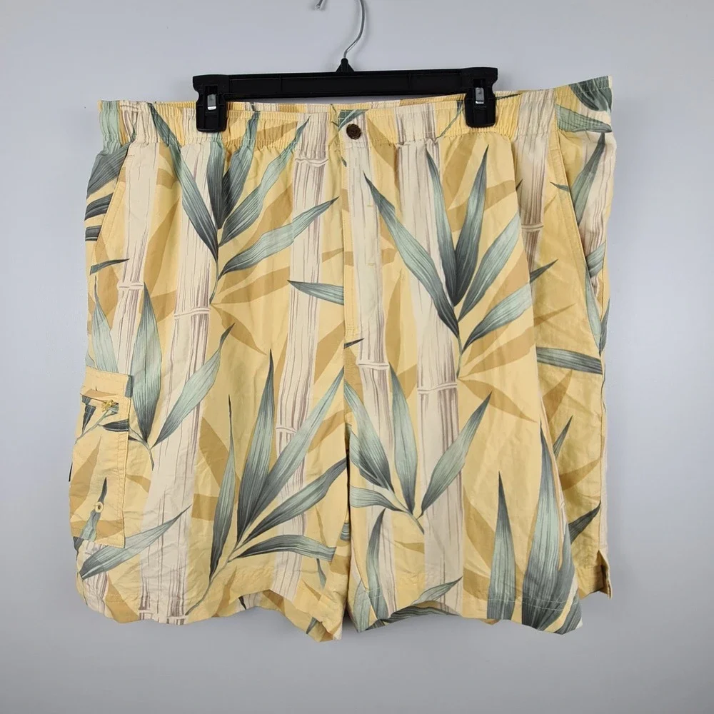 Tommy Bahama VTG XL Yellow Bamboo Tropical Print Nylon Board Shorts Swim Trunks